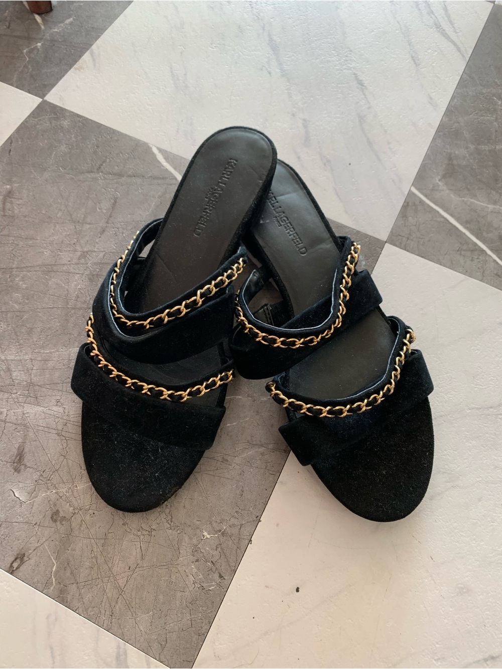 Karl Lagerfeld Black Slide Sandals with Gold Chain Accents